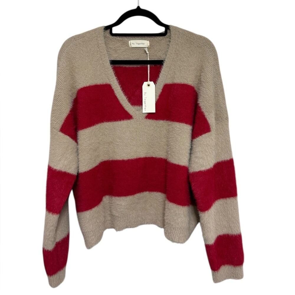 NEW By Together Striped Fuzzy Knit V-Neck Sweater in Red and Taupe - Size S